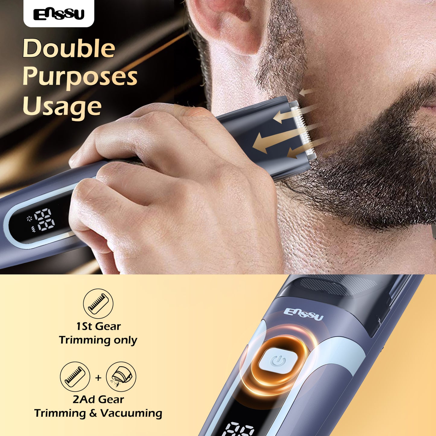 ENSSU Vacuum Beard Trimmer – 1-20mm Combs, LCD Display, IPX7 Waterproof
