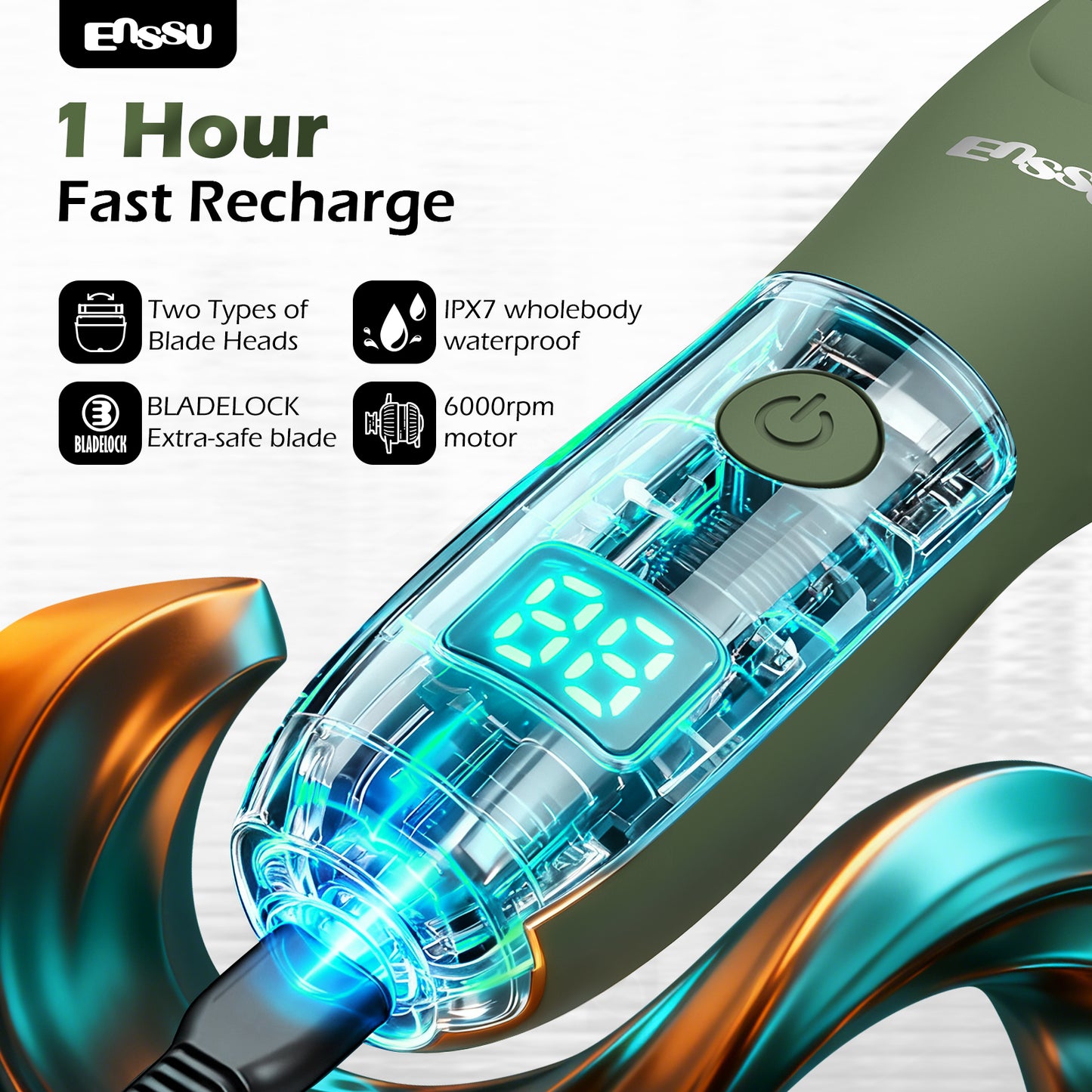 ENSSU Men's Body Trimmer – Waterproof, Ceramic Blade For Groin & Body, LED Light, LCD Display & Dock
