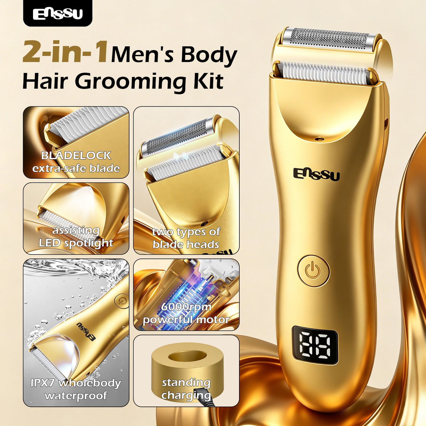 ENSSU 2 in 1 Men's Body Trimmer – Dual Blades,Waterproof, Ceramic Blade For Groin & Body, LED Light, LCD Display & Dock