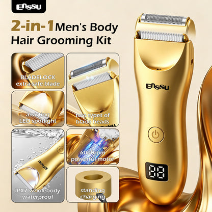 ENSSU 2 in 1 Men's Body Trimmer – Dual Blades,Waterproof, Ceramic Blade For Groin & Body, LED Light, LCD Display & Dock