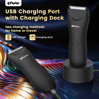 ENSSU Men's Body Trimmer - Waterproof, Ceramic Blade For Groin & Body, With LED Light & Dock