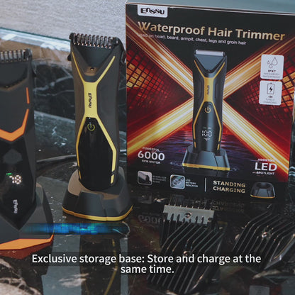 ENSSU Men's Body Trimmer - Cut-Preventing Blade, IPX7 Waterproof, Spotlight, LCD Display & Dock